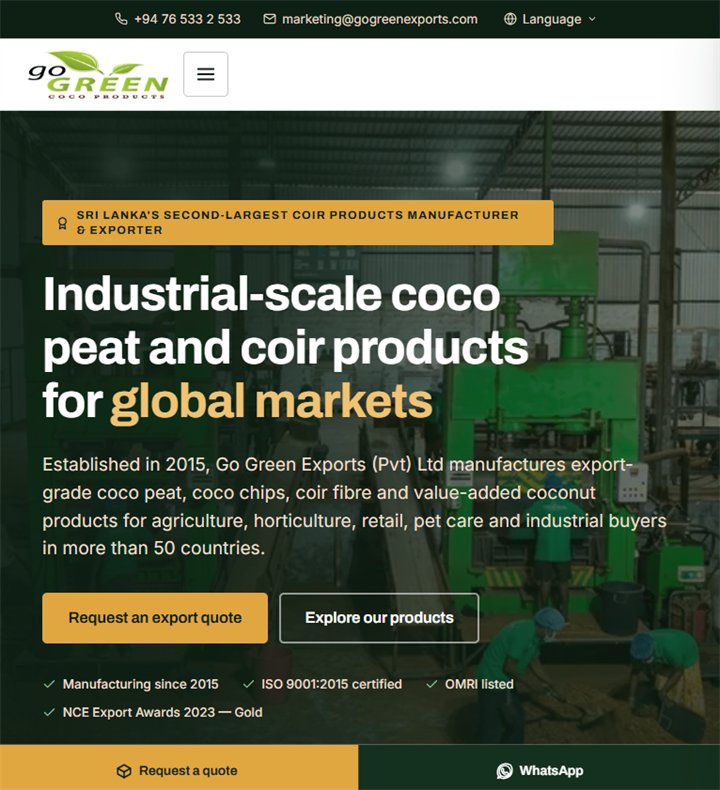 The Go Green Exports homepage presenting coco peat and coir products with quote request and WhatsApp contact actions.