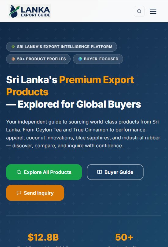 The Lanka Export Guide homepage with routes to explore products, read the buyer guide or send an enquiry.